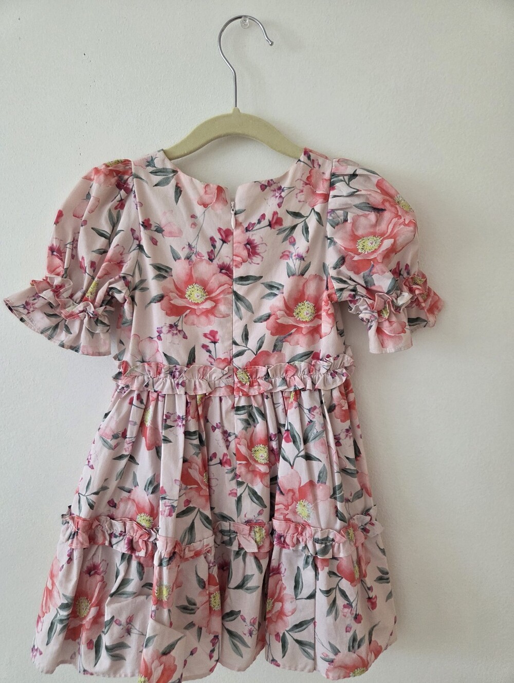 Girls Pink Floral Tiered Dress with Ruffle Sleeves